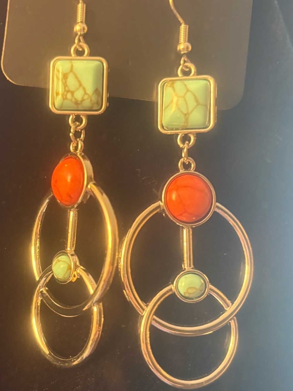 silver Tone Hoop Drop Earrings with Coral and Turquoise Stones